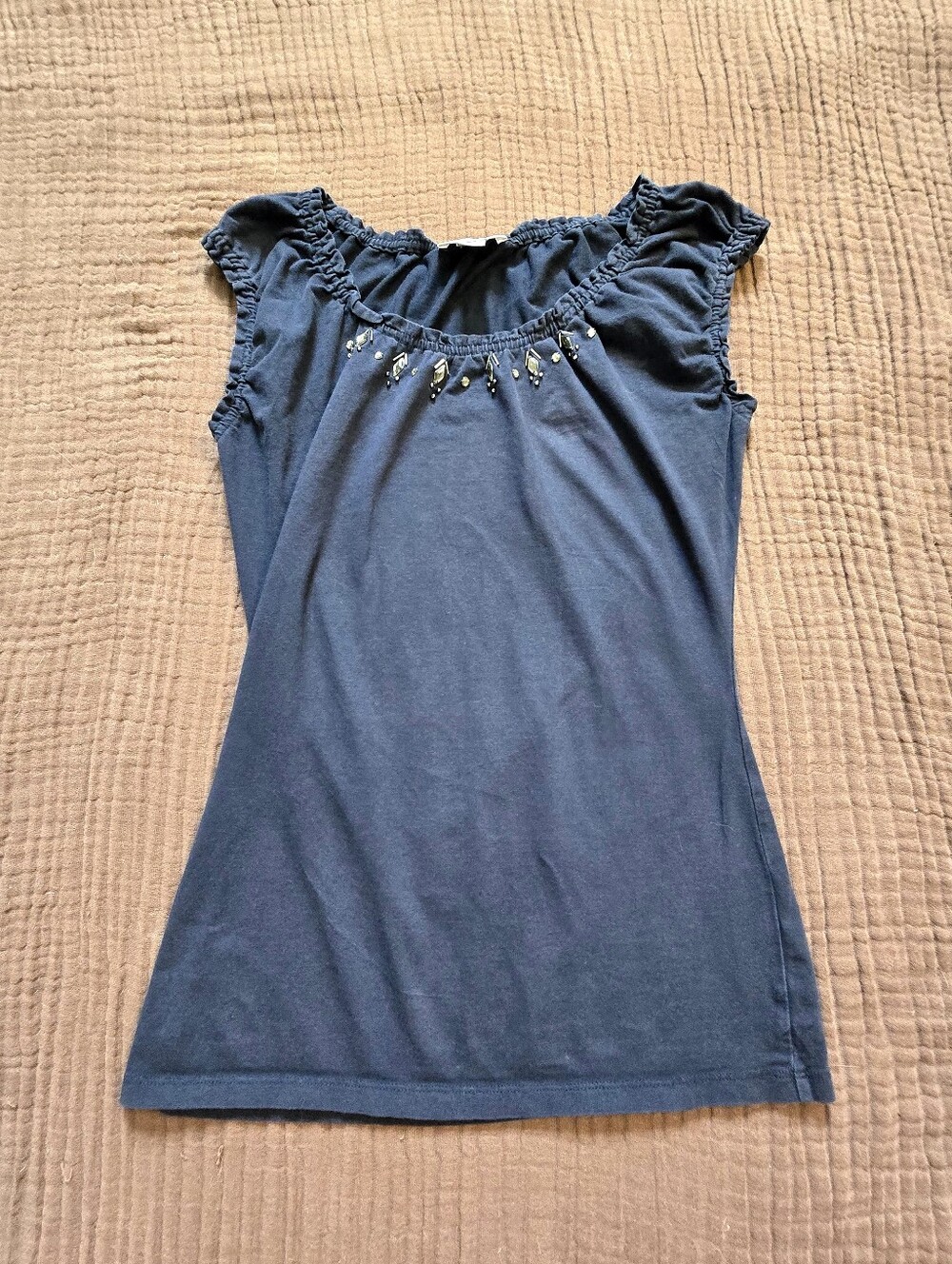 Navy blue LOFT cotton cap-sleeve top with beautiful beaded rhinestones Size XS